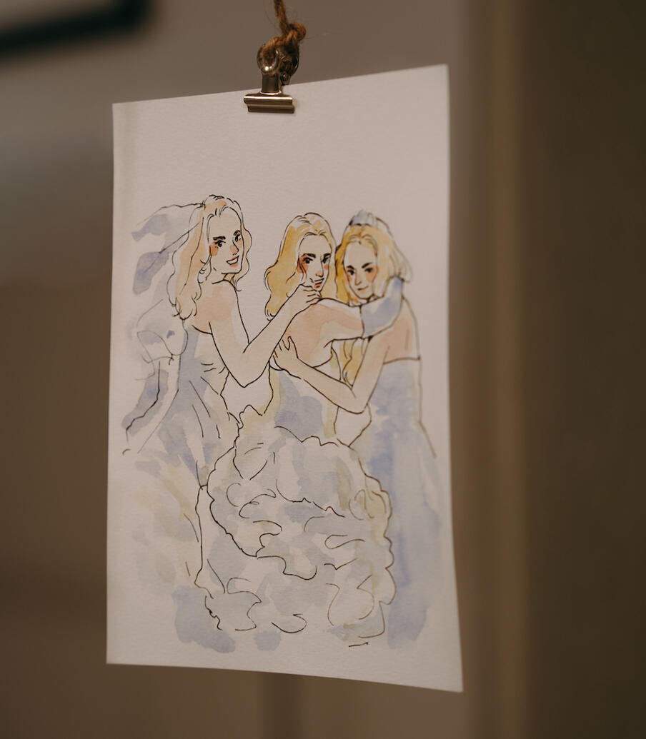 Akvarellportrett av brude-trio.